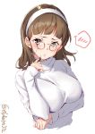  1girl alternate_costume blush breasts brown_eyes brown_hair ebifurya glasses headband highres kantai_collection large_breasts long_sleeves open_mouth pince-nez roma_(kantai_collection) shirt short_hair simple_background solo twitter_username wavy_hair white_background white_shirt 