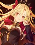  1girl black_background blush breasts cape ereshkigal_(fate/grand_order) fate/grand_order fate_(series) hair_between_eyes hair_ribbon highres long_hair medium_breasts red_eyes red_nails red_ribbon ribbon skull solo twintails upper_body yano_mitsuki 