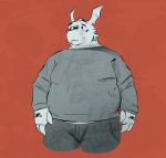  2019 bottomwear claws clothing digimon digimon_(species) fattydragonite fin guilmon head_fin hi_res looking_aside male overweight overweight_male pants red_background simple_background sketch solo standing sweater three-quarters_portrait topwear 
