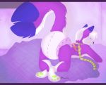  2017 anthro bed butt diaper diaper_fetish fen. fur furniture hair inviting leash mammal pattern_diaper pawpads purple_body purple_fur purple_theme rear_view seductive solo teasing tongue tongue_out white_hair 