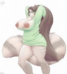  2020 anthro areola big_breasts big_nipples bottomless breasts clothed clothing digital_media_(artwork) female free_art hair hi_res hoodie_only huge_breasts jakethegoat long_hair looking_at_viewer mammal nipples partially_clothed procyonid raccoon simple_background sketch skimpy slightly_chubby smile solo thick_thighs wide_hips 