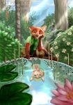  2017 ambient_arthropod ambient_insect anthro arthropod blueberry_(fruit) bottomwear building canid canine clothed clothing detailed_background disney duo flower food fox fruit fully_clothed fur hi_res inner_ear_fluff insect light lighting lily_pad mammal necktie nick_wilde orange_body orange_fur outside pants plant red_fox reflection shirt shrub sky solo_focus sunbeam sunlight thanku topwear tree tuft water zootopia 