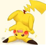  2019 3_toes ambiguous_gender blush butt dipstick_ears featureless_crotch feral fingers fur hi_res mammal multicolored_ears namoke nintendo open_mouth pikachu pok&eacute;mon pok&eacute;mon_(species) simple_background smile solo toes upside_down video_games yellow_body yellow_fur 