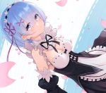  1girl apron blue_eyes blue_hair blush breasts cherry_blossoms cleavage cqingwei detached_sleeves eyes_visible_through_hair frilled_sleeves frills hair_ornament hair_ribbon highres looking_at_viewer maid maid_apron maid_headdress medium_breasts petals pink_ribbon re:zero_kara_hajimeru_isekai_seikatsu rem_(re:zero) ribbon ribbon-trimmed_clothes ribbon_trim short_hair smile solo x_hair_ornament 