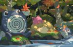  autumn_leaves check_commentary closed_eyes commentary commentary_request day holding holding_leaf hoppip leaf lying moss no_humans on_stomach outdoors pokemon pokemon_(creature) poliwag poliwhirl ponimu psyduck shadow sitting sleeping swimming water 