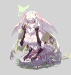  1girl absurdres antennae breasts cleavage egocider extra_arms grass grey_background grey_hair hair_between_eyes hands_on_thighs highres large_breasts long_hair monster_girl original sitting solo twitter_username wariza 