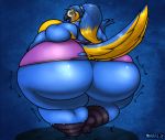  anthro araidian_(artist) avian bird breasts clothing female floor_damage hair looking_at_viewer macaw neotropical_parrot overweight parrot ponytail rear_view torn_clothing true_parrot 
