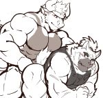  2020 barazoku blush bovid bovine canid canine canis cattle clothing domestic_dog duo hi_res istani kemono male male/male mammal muscular pecs scar shennong shirt simple_background tokyo_afterschool_summoners topwear video_games yasuyori 