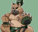  2020 anthro belly black_nose blush brown_body brown_fur canid canine canis cute_fangs domestic_dog fur green_background hi_res humanoid_hands kemono male mammal mohumohudansi moobs nipples overweight overweight_male scar simple_background solo sumo tokyo_afterschool_summoners video_games yasuyori 