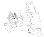  athletic athletic_female beastars big_breasts breasts canid canine canis cleavage clothed clothing female fur greyscale kyuu_(beastars) lagomorph legoshi_(beastars) leporid male male/female mammal monochrome multicolored_body multicolored_fur presenting presenting_breasts rabbit seductive size_difference surprise two_tone_body two_tone_fur undressing unknown_artist wolf 