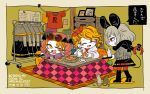 3girls alternate_costume animal_ears artist_name black_scarf blonde_hair bow brown_hair casual clothes_writing commentary_request dated eyewear_on_head fang food fruit grey_hair hood hoodie kotatsu long_hair long_sleeves looking_at_another mandarin_orange mouse mouse_ears mouse_tail multicolored_hair multiple_girls nazrin orange_eyes orange_hair round_eyewear scarf shirt short_hair smile streaked_hair sunglasses t-shirt table tail tail_bow toramaru_shou touhou translation_request yorigami_jo&#039;on yt_(wai-tei) 