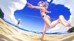  2girls ass barefoot beach bikini blue_sky cloud cloudy_sky commentary condensation_trail fisheye foreshortening from_behind hair_ornament horizon kagamine_rin leg_up looking_at_viewer medium_hair multiple_girls ocean open_mouth outstretched_arms purple_eyes purple_hair running sky smile soles soon swimsuit vocaloid wading waves yuzuki_yukari 