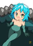  1girl absurdres artist_name breasts cirno collarbone crossed_legs eyebrows_visible_through_hair green_eyes highres huxiao_(mistlakefront) ice ice_wings navel nude onsen partially_submerged short_hair sitting small_breasts solo stone touhou water white_background wings 