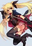  1girl absurdres arm_strap ass bangs bardiche belt black_cape black_gloves black_legwear blonde_hair boots cape fate_testarossa frown gloves grey_background hair_ribbon hankuri highres holding holding_weapon long_hair looking_to_the_side lyrical_nanoha mahou_shoujo_lyrical_nanoha mahou_shoujo_lyrical_nanoha_the_movie_1st parted_bangs pink_skirt red_eyes ribbon scythe simple_background skirt solo thighhighs twintails very_long_hair weapon 