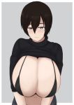  1girl bikini black_bikini black_hair breasts brown_background brown_eyes cleavage clothes_lift commentary_request gimp_(medium) highres huge_breasts light_smile looking_at_viewer naozuri navel original short_hair simple_background solo sweater sweater_lift swimsuit turtleneck turtleneck_sweater 