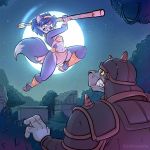  1:1 2020 action_pose angry anthro armor blue_hair breasts canid canine clothing detailed_background duo female footwear fox full_moon grass hair hi_res krystal male mammal moon night nintendo pose psicoyote sandals scalie sharpclaw short_hair signature staff star_fox teeth tree video_games 
