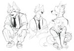  2019 beastars black_and_white bottomwear canid canine canis clothed clothing eyebrows hi_res legoshi_(beastars) male mammal monochrome necktie pants raised_eyebrows shows signature simple_background sitting sketch solo suspenders tobi707 toony wolf 