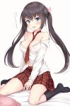  1girl azur_lane bangs bare_shoulders between_legs black_hair black_legwear blue_eyes blush breasts cleavage collarbone collared_shirt commentary_request eyebrows_visible_through_hair full_body glasgow_(a_maid_in_class)_(azur_lane) glasgow_(azur_lane) hair_ornament hair_ribbon hairclip hand_between_legs kneehighs large_breasts long_hair long_sleeves navel necktie off-shoulder_shirt off_shoulder on_bed open_mouth pillow pink_ribbon plaid plaid_skirt red_neckwear red_skirt ribbon shirt sidelocks sitting skirt socks solo sweatdrop translation_request twintails unbuttoned unbuttoned_shirt wariza white_shirt yamasan 