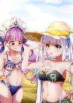 2girls absurdres between_breasts breast_grab breasts bubble_tea bubble_tea_challenge collarbone commentary drill_hair grabbing hair_ornament hair_ribbon hat heterochromia highres hololive kagura_mea kagura_mea_channel large_breasts maid_headdress minato_aqua multiple_girls navel purple_eyes ribbon sky straw_hat swimsuit twin_drills twintails virtual_youtuber 