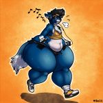  1:1 anthro araidian_(artist) blush bodily_fluids canid canine canis cellphone chest_tuft clothing demetri footwear headphones huge_thighs hyper hyper_thighs jogging male mammal music_symbol phone shirt shoes smartphone sweat tank_top thick_thighs topwear tuft wolf 