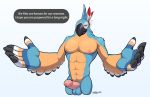  2020 abs anthro avian badroy balls beak black_beak blue_balls breath_of_the_wild dialogue english_text erection genitals glans humanoid_penis kass_(tloz) male nintendo nipples nude penis pink_nipples pink_penis rito signature simple_background solo standing text the_legend_of_zelda urethra video_games white_background yellow_eyes 