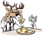  2019 antlers beastars black_nose brown_body brown_fur canid canine canis cervid clothed clothing duo eyes_closed floating_object food fur furniture grey_body grey_fur haps hi_res horn legoshi_(beastars) louis_(beastars) mammal necktie open_mouth pizza shirt signature simple_background sketch suspenders table telekinesis topwear white_background wolf 