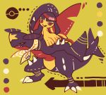  claws dragon full_body garchomp gen_3_pokemon gen_4_pokemon legs_apart maru_(umc_a) mawile no_humans number poke_ball_print pokemon pokemon_number pokemon_on_back red_eyes sitting standing yellow_background yellow_eyes 