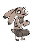  2020 anthro barefoot bottomwear brown_theme clothed clothing crop_top crouching dipstick_ears disney ears_back female fuel_(artist) greyscale judy_hopps lagomorph leporid mammal midriff monochrome multicolored_ears pants pivoted_ears rabbit shirt simple_background smile smirk solo tank_top tied_ears topwear white_background zootopia 