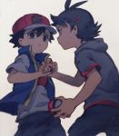  2boys baseball_cap black_hair black_pants blue_vest commentary_request dark_skin dark_skinned_male eye_contact gou_(pokemon) grey_shirt hair_ornament hairclip hat highres holding holding_another&#039;s_arm holding_poke_ball kurage2535 looking_at_another male_focus multiple_boys pants poke_ball poke_ball_(generic) pokemon pokemon_(anime) pokemon_swsh_(anime) satoshi_(pokemon) shirt simple_background spiked_hair surprised sweat vest wavy_eyes white_background white_shirt 