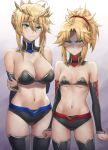  2girls ahoge arm_behind_back artoria_pendragon_(all) artoria_pendragon_(lancer) bangs bare_shoulders black_bra black_legwear black_shorts blonde_hair blush bra braid breasts bridal_gauntlets cleavage closed_mouth collarbone crown detached_sleeves eyebrows_visible_through_hair fang fate/apocrypha fate/grand_order fate_(series) french_braid frown gradient gradient_background green_eyes hair_between_eyes hair_ornament hair_scrunchie highres large_breasts long_hair looking_at_viewer mordred_(fate) mordred_(fate)_(all) multiple_girls navel parted_bangs ponytail red_scrunchie scrunchie shaded_face short_shorts shorts sidelocks small_breasts smile thighs tonee underwear v-shaped_eyebrows 