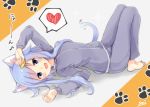  1girl :d animal_ear_fluff animal_ears arms_up bangs barefoot blue_hair blush cat_ears cat_girl cat_tail commentary_request crescent crescent_hair_ornament eighth_note eyebrows_visible_through_hair full_body grey_jacket grey_pants hair_ornament heart jacket kantai_collection knees_up long_hair long_sleeves looking_at_viewer lying musical_note on_back open_mouth pants signature smile solo sou_(soutennkouchi) spoken_heart tail track_jacket track_pants track_suit translation_request very_long_hair yayoi_(kantai_collection) 