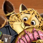  2016 anthro benjamin_clawhauser brown_eyes brown_nose cellphone cheetah clothed clothing disney doughnut felid feline food fur holding_cellphone holding_food holding_object holding_phone mammal phone solo spots spotted_body spotted_fur thanku whiskers yellow_body yellow_fur zootopia 