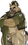  balls belly black_nose blush brown_body brown_fur canid canine canis clothing domestic_dog flaccid fur genitals hi_res kemono kita_9999 male mammal navel overweight overweight_male penis scar shirt simple_background tokyo_afterschool_summoners topwear video_games white_background yasuyori 