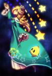  1girl bangs blonde_hair blue_dress blue_eyes blush chiko_(mario) crown dress earrings expressionless frills full_body hair_over_one_eye jewelry lips long_hair long_sleeves looking_up mario_(series) poo princess rosalina solo star super_mario_galaxy wand wide_sleeves 