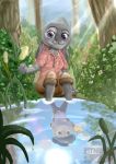  2017 altered_reflection anthro bottomwear clothed clothing disney ears_down female forest fully_clothed fur grey_body grey_fur holding_object jewelry judy_hopps lagomorph leporid light mammal necklace outside pants partially_submerged pink_nose pivoted_ears plant police_uniform pond purple_eyes rabbit reflection shirt shrub sitting smile solo sunbeam sunlight thanku topwear tree uniform water zootopia 