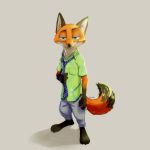  1:1 2019 absurd_res anthro barefoot bottomwear canid canine clothed clothing dipstick_tail disney fox fully_clothed fur gloves_(marking) green_eyes grey_background half-closed_eyes hi_res inner_ear_fluff light lighting looking_at_viewer mammal markings multicolored_tail narrowed_eyes necktie nick_wilde orange_body orange_fur pants red_fox shadow shirt simple_background smile solo topwear tuft zigrock001 zootopia 