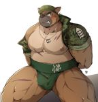  2020 angry blush bodily_fluids bulge camo canid canine canis clothing dog_tags domestic_dog hat headgear headwear hi_res m_ikky m_ikky_0 male mammal muscular muscular_male nipples pecs scar tears thick_thighs tokyo_afterschool_summoners video_games yasuyori 