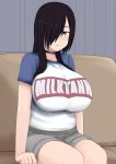  1girl absurdres black_choker black_hair blush breasts brown_hair choker clothes_writing commentary_request gimp_(medium) hair_over_one_eye highres huge_breasts long_hair mega_milk naozuri original pai-chan_(naozuri) shirt short_shorts shorts sitting solo thighs 