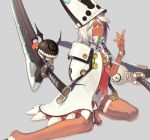  1girl belt beltbra breasts cape cleavage closed_mouth commentary_request dark_skin guilty_gear guilty_gear_xrd hat highres long_hair looking_at_viewer orange_eyes ramlethal_valentine short_shorts shorts simple_background solo thigh_strap underboob white_hair 