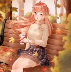  1girl :o ahoge autumn bangs bench black_skirt blush breasts brown_sweater coffee commentary eyebrows_visible_through_hair hair_ornament hairclip highres holding large_breasts long_hair looking_at_viewer one_eye_closed original outdoors pink_eyes pink_nails puppypaww sitting skirt solo sweater watch wristwatch 