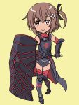  1girl armor boots brown_eyes brown_hair etou_kanami highres hondo_kaede itai_no_wa_iya_nano_de_bougyoryoku_ni_kyokufuri_shitai_to_omoimasu maple_(itai_no_wa_iya_nano_de_bougyoryoku_ni_kyokufuri_shitai_to_omoimasu) mokeke08 seiyuu_connection shield short_hair thigh_boots thighhighs toji_no_miko 