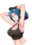  1girl armpits arms_up black_gloves blue_eyes blue_hair breasts cleavage commentary_request crop_top earrings ghgnvm gloves highres jewelry large_breasts leona_heidern looking_to_the_side midriff sideboob solo strap_gap the_king_of_fighters toned torso triangle_earrings upper_body white_background 
