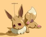  2020 3_toes 5:4 animal_genitalia animal_pussy blush brown_body brown_fur canine_pussy chest_tuft eevee eparihser female feral fur genitals hi_res multicolored_tail nintendo paws pok&eacute;mon pok&eacute;mon_(species) pussy simple_background solo text toes tuft video_games 