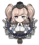  1girl :o anchor anchor_hair_ornament atlanta_(kantai_collection) bangs blush boushi-ya breasts brown_hair character_name earrings eyebrows_visible_through_hair garrison_cap gloves grey_eyes hair_ornament hat headgear high-waist_skirt index_finger_raised jewelry kantai_collection long_hair long_sleeves open_mouth partly_fingerless_gloves rigging simple_background single_earring skirt solo star star_earrings twintails upper_body white_background 