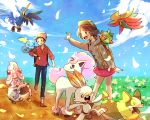  :d bird blue_sky brown_eyes brown_hair cloud cramorant day flat_chest flower flying galarian_form galarian_ponyta gen_8_pokemon gossifleur grass grookey hat highres horn masaru_(pokemon) mizuto_(o96ap) open_mouth outdoors pokemon pokemon_(game) pokemon_on_arm pokemon_on_back pokemon_swsh scorbunny short_hair sky smile sobble standing unicorn walking wooloo yamper yuuri_(pokemon) 