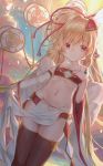  1girl absurdres blonde_hair drum earrings granblue_fantasy hand_on_own_chest harvin highres instrument jewelry long_hair mahira_(granblue_fantasy) midriff navel pelvic_curtain pointy_ears red_eyes thighhighs very_long_hair wide_sleeves 