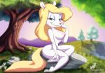  2017 3_toes 4_fingers animaniacs anthro areola biped blonde_hair breasts creamytea detailed_background digital_media_(artwork) eyelashes female fingers hair half-closed_eyes hi_res long_hair looking_at_viewer mammal minerva_mink mink mustelid musteline narrowed_eyes nipples nude outside pink_nose sitting smile solo text thin_waist toes url warner_brothers 