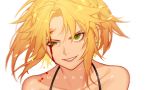  1girl bangs bare_shoulders blonde_hair blood blood_on_face character_name collarbone commentary face fate/grand_order fate_(series) green_eyes half-closed_eye jesse_(pixiv34586727) looking_at_viewer mordred_(fate) mordred_(fate)_(all) parted_bangs simple_background smile solo white_background 