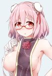  1girl bandaged_arm bandages bangs bare_shoulders bespectacled blush breasts bun_cover commentary_request double_bun eyebrows_visible_through_hair flower glasses grey_background hair_between_eyes hair_ribbon hand_up highres hiro_(pqtks113) ibaraki_kasen large_breasts looking_at_viewer naked_tabard parted_lips pink_hair red-framed_eyewear red_eyes red_flower red_ribbon red_rose ribbon rose short_hair simple_background solo sweat tabard touhou upper_body 