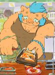  2020 absurd_res anthro brown_body brown_fur buta5kawa clothing detailed_background food fur gouryou hi_res humanoid_hands kemono male mammal overweight overweight_male shirt solo suid suina sus_(pig) tokyo_afterschool_summoners topwear video_games wild_boar 